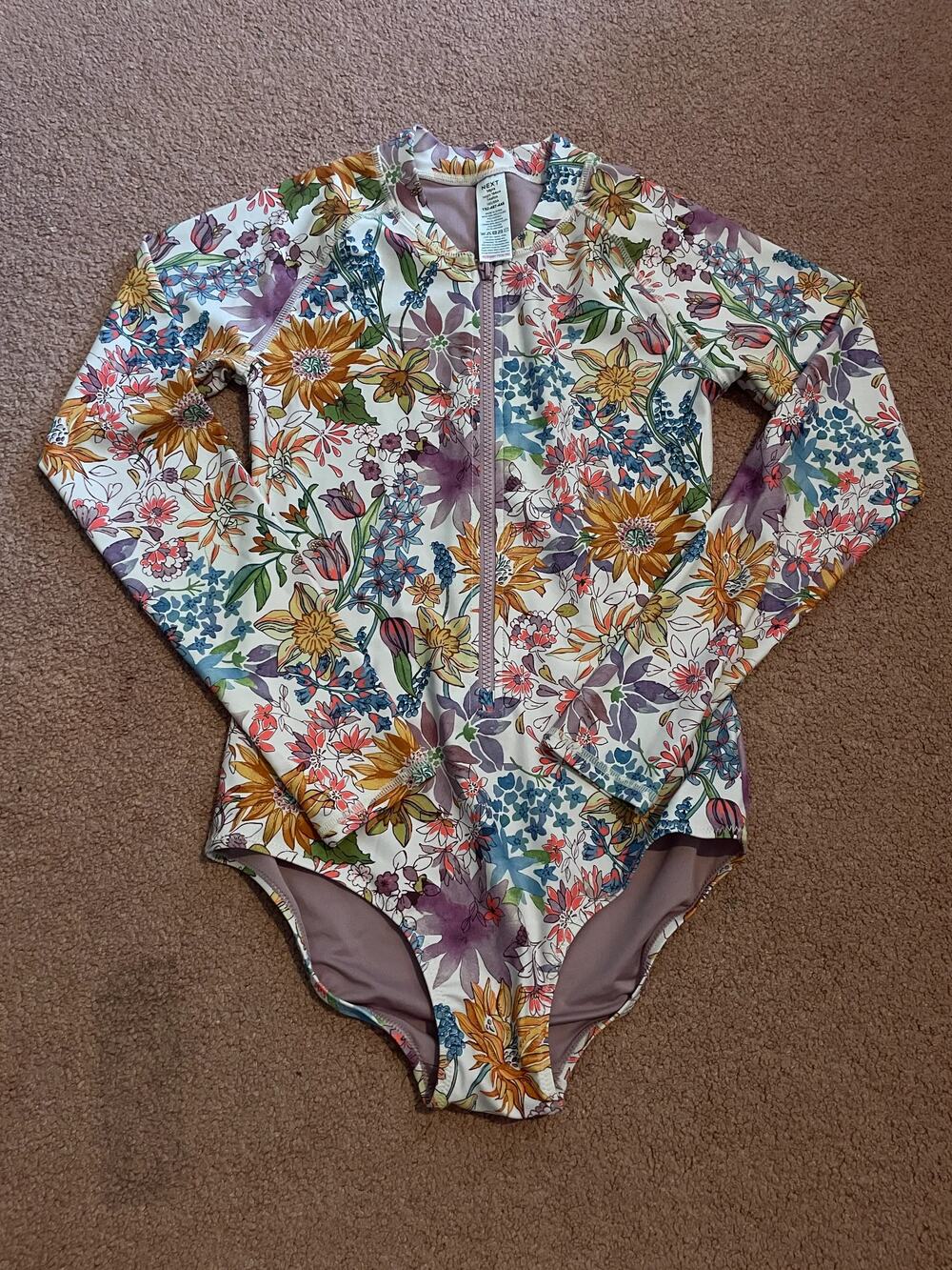 Next Floral Long Sleeve Swimsuit White Pastel Floral Size 14Y / XS